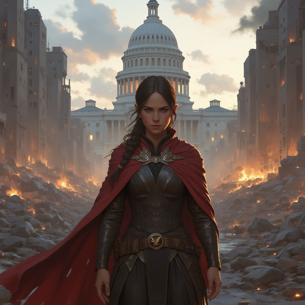 Katniss Everdeen in Dystopian Ruins: Sci-Fi Concept Art
