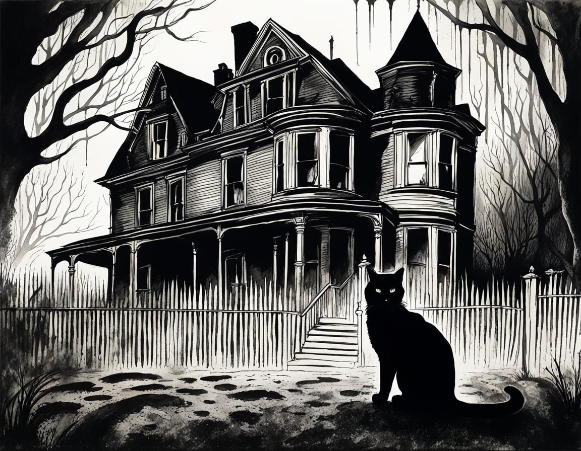 Black Cat in front of Haunted House
