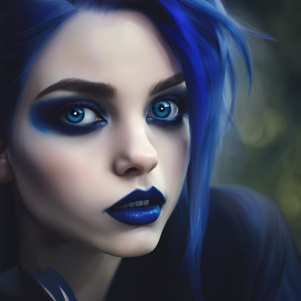 Ethereal Gothic Young lady with witchy vibes and Wiccan vibes and Cobalt blue hair and Black eyeshadow and cobalt blue e...