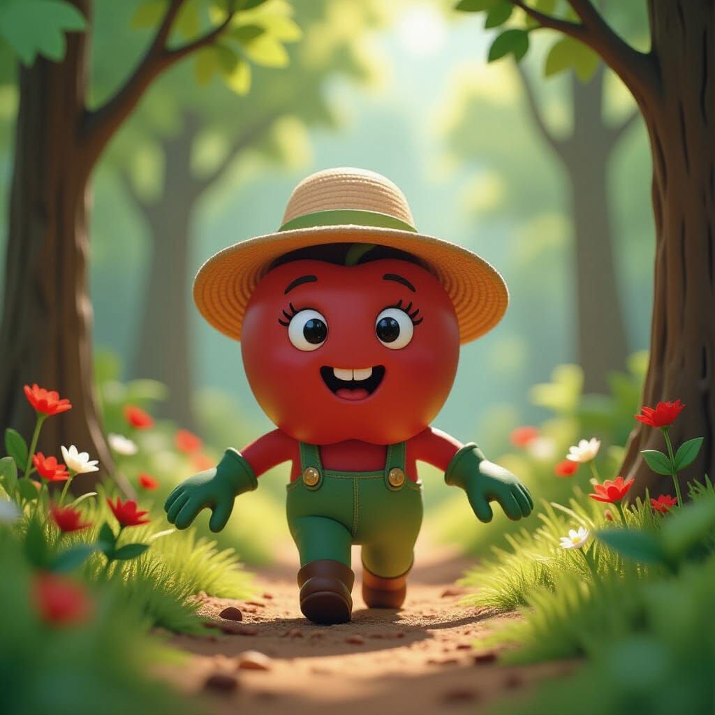 Claymation Apple Character in Gardener's Hat