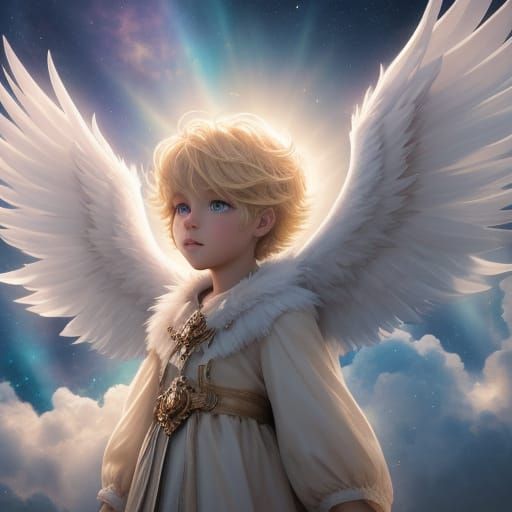 Angelic Child with Wings in Celestial Field