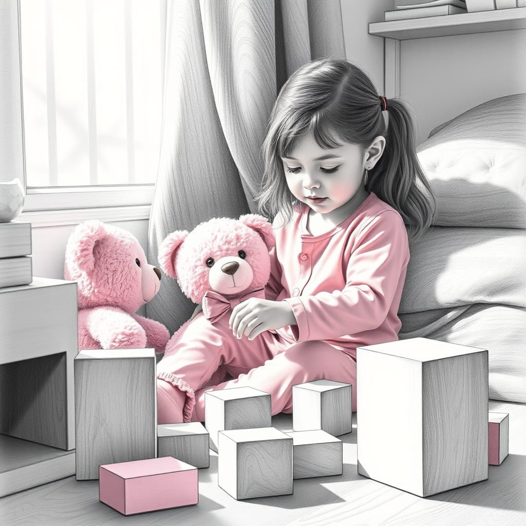 Girl Plays with Blocks in Whimsical Bedroom Scene