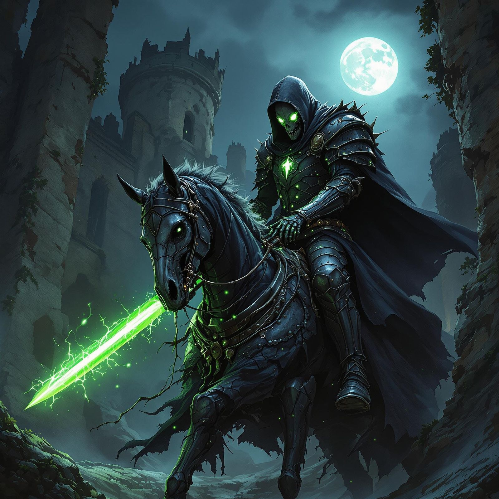 Ethereal Death Knight Rides Skeletal Steed Under Moonlit Rui...