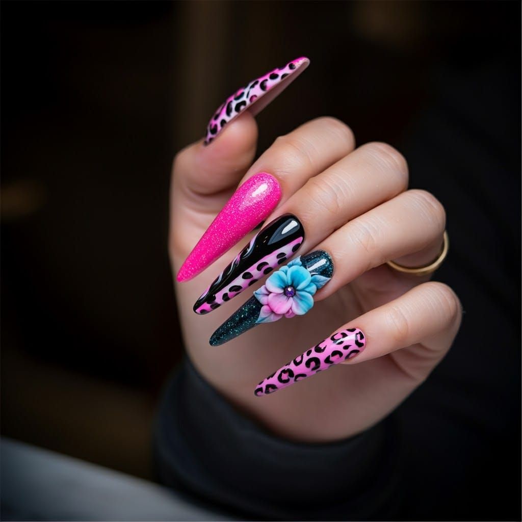 Leopard and Floral Stiletto Nails in High-Fashion Style