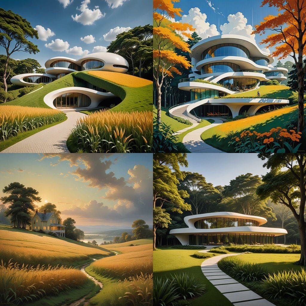 Surreal Futuristic Estate in Vibrant Gardens