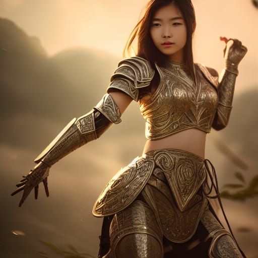Armored Woman in Fantasy Landscape with Volumetric Lighting