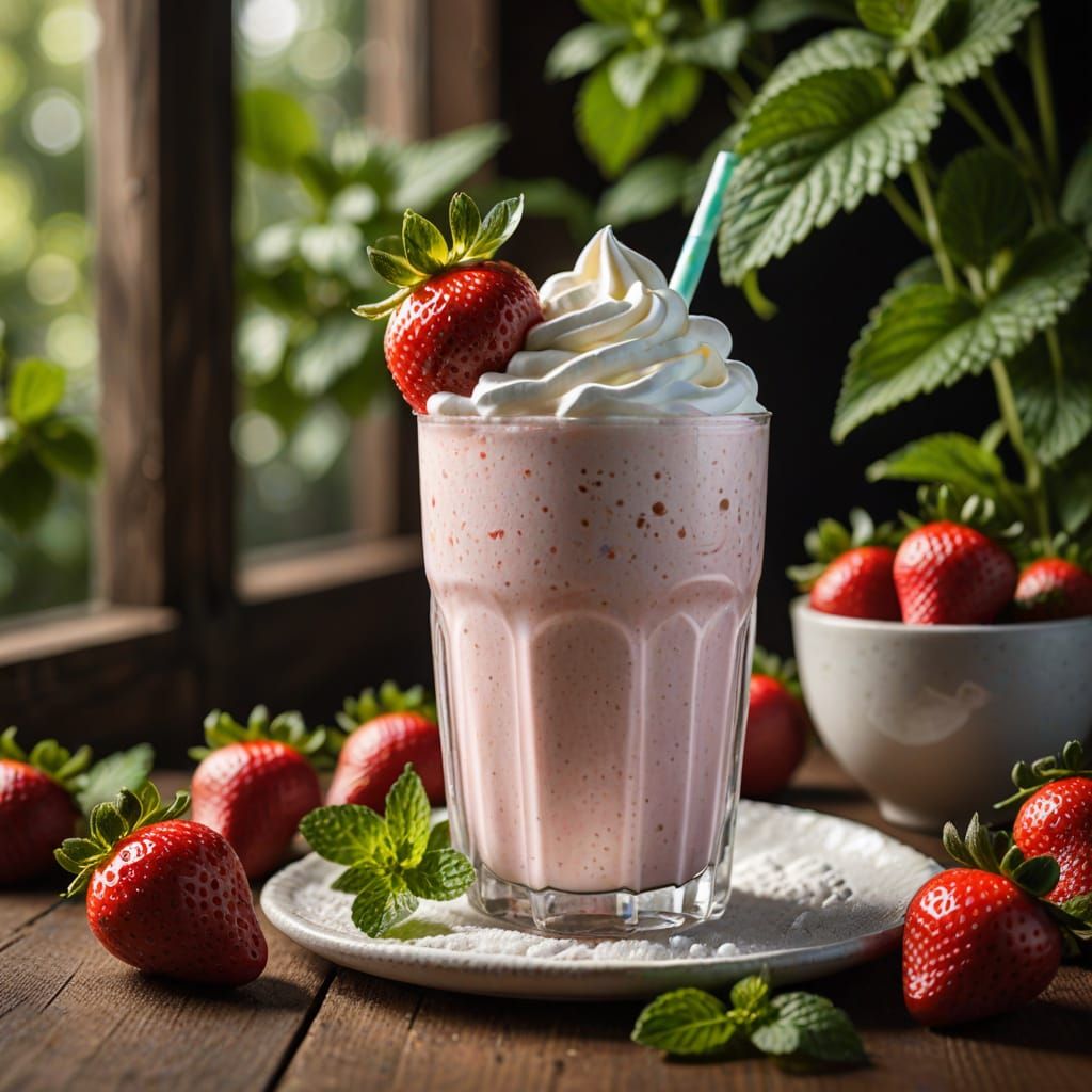 Vintage-Style Strawberry Milkshake with Whipped Cream and Ri...
