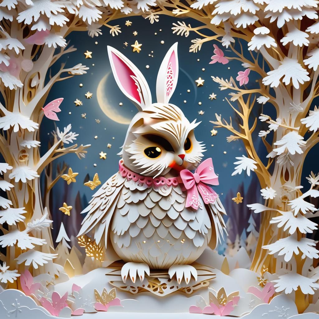 Kirigami Bunny Rabbit in Snowy Forest