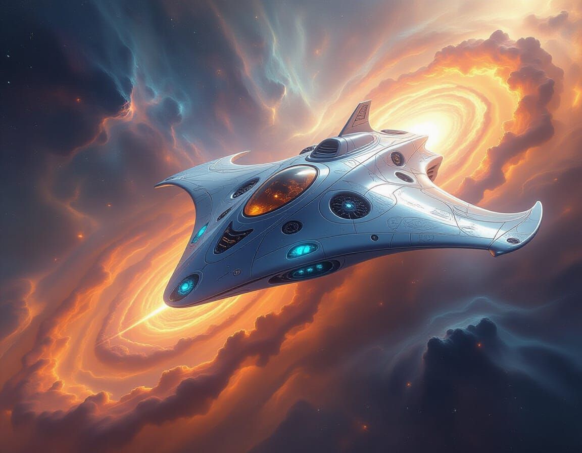 Fractal Starship Manta Ray Emerges From Nebula