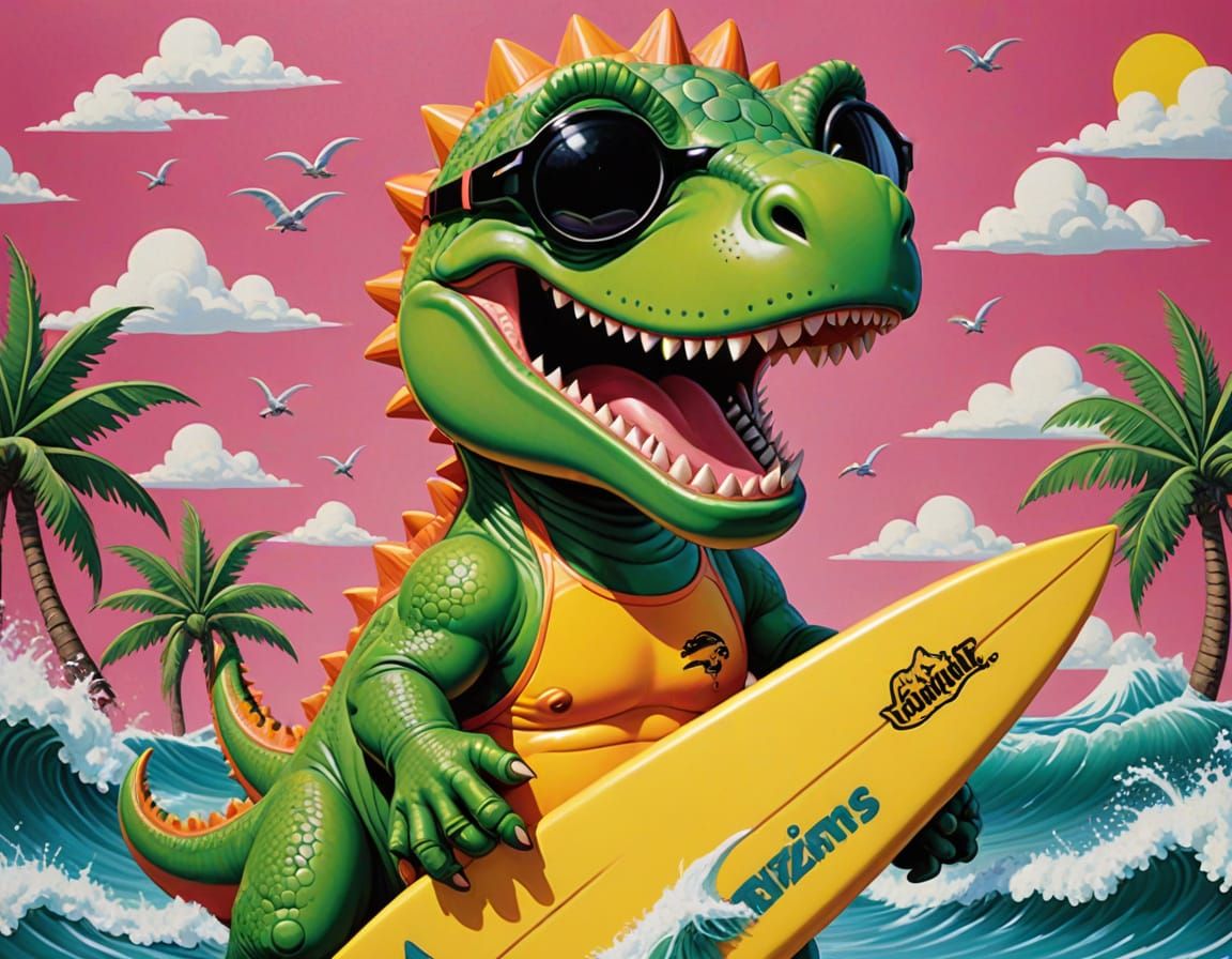 Dino-Mite Surf School Billboard in Vibrant, Cartoonish Style