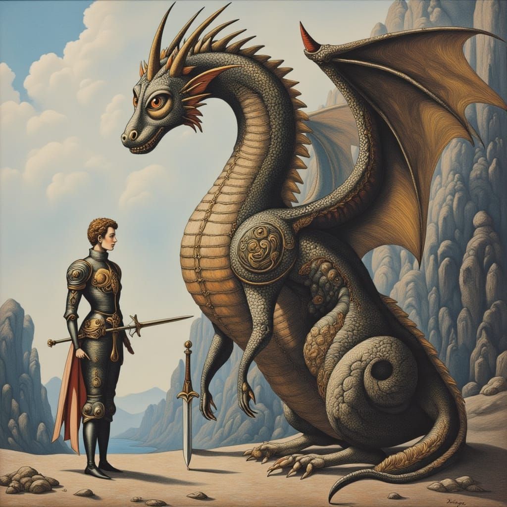 Dragon and Knight in Surreal Illustration Style