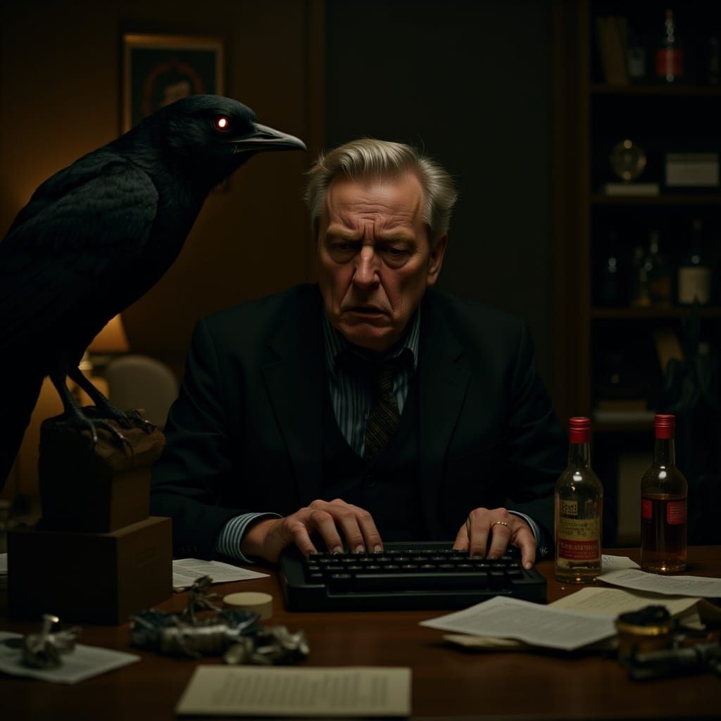 Frustrated Writer with Raven, Cinematic Photography