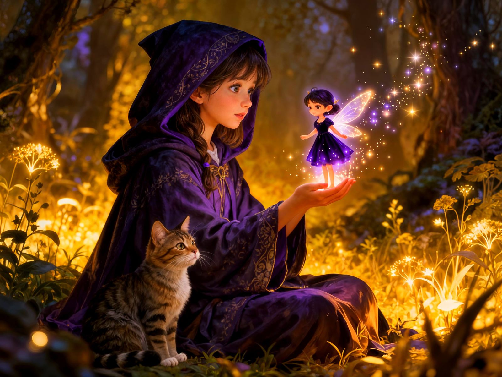 Girl and Cat with Fairy in Enchanted Forest