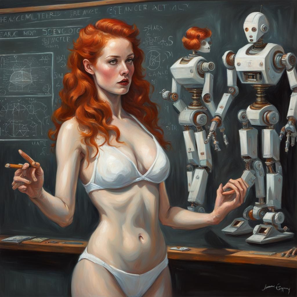 Redhead Teaches Science to Robots, Oil Painting