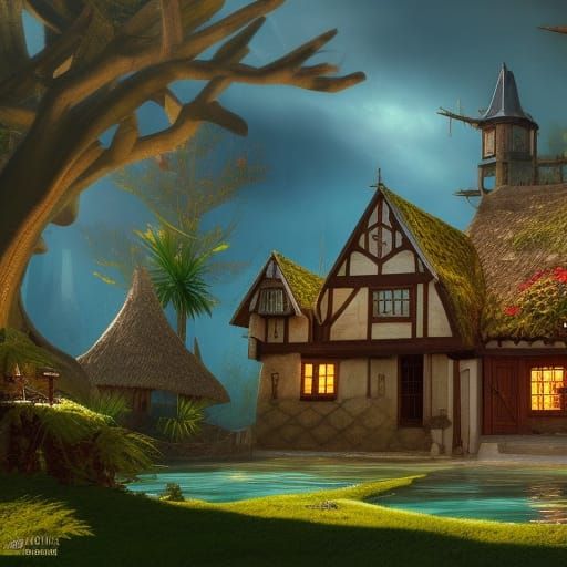 Medieval Tudor House on Tropical Island: Detailed Matte Pain...