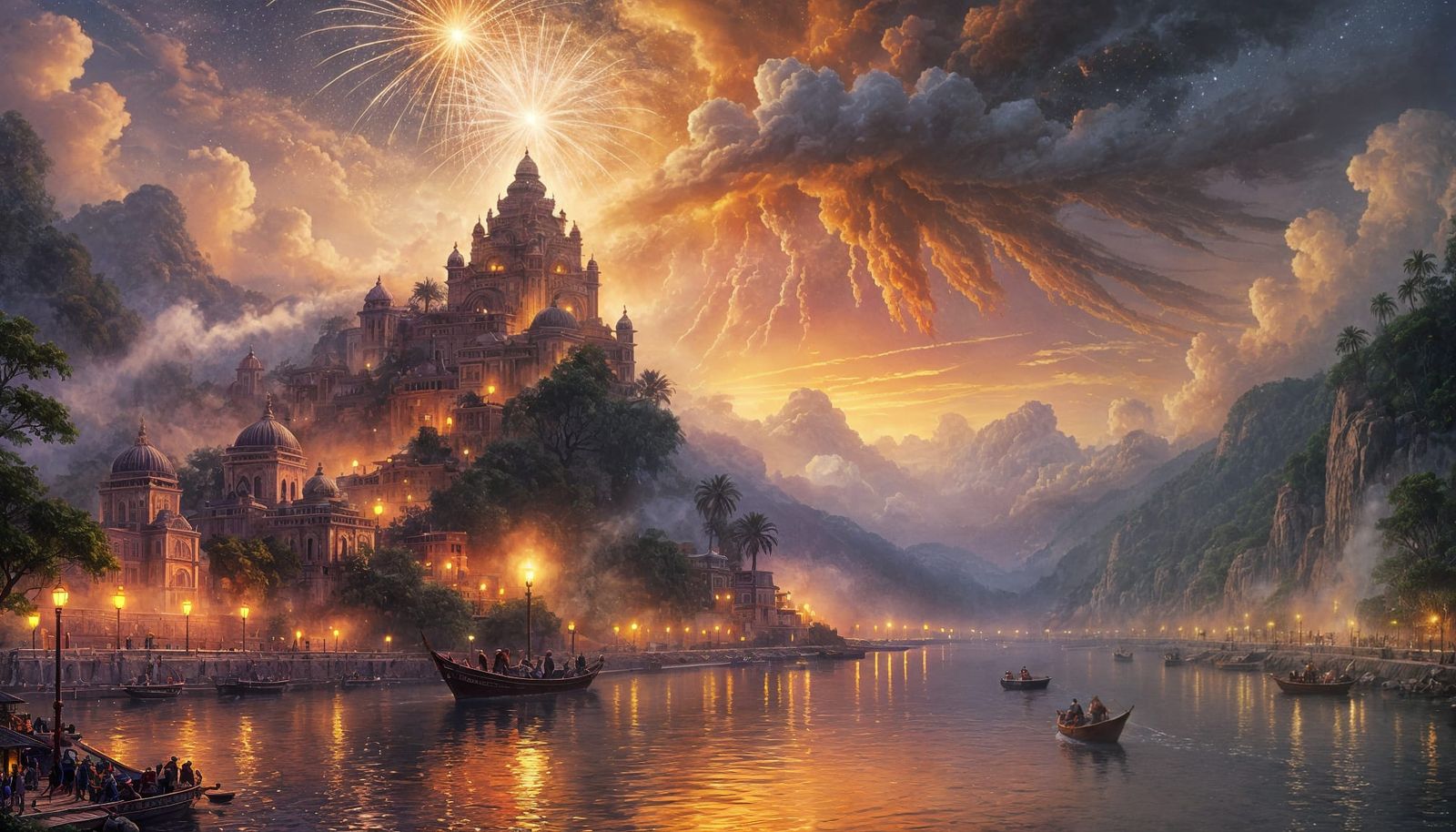 Ganga River Fireworks in Expressive Digital Art Style