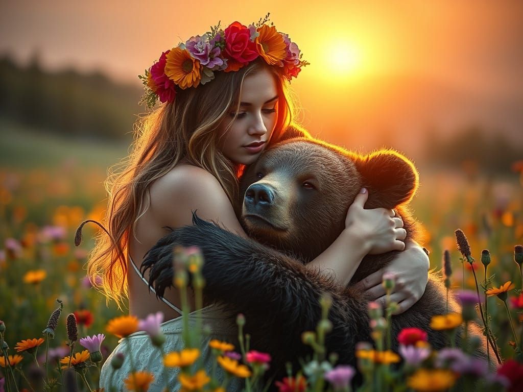 Ethereal Woman Embracing a Majestic Bear in a Whimsical Wild...