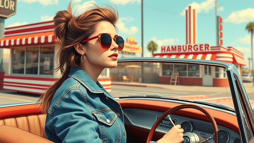 Young Woman Cruising in Vintage Convertible, Americana Style