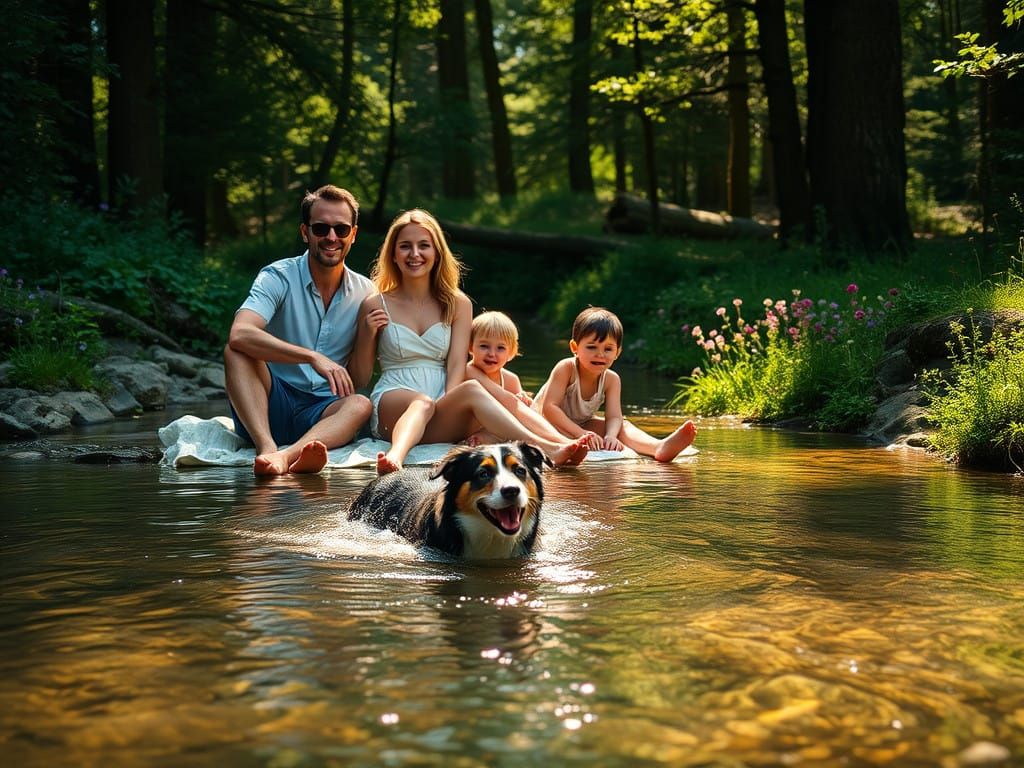 Idyllic Family Picnic by a Serene Brook in Vibrant Summer