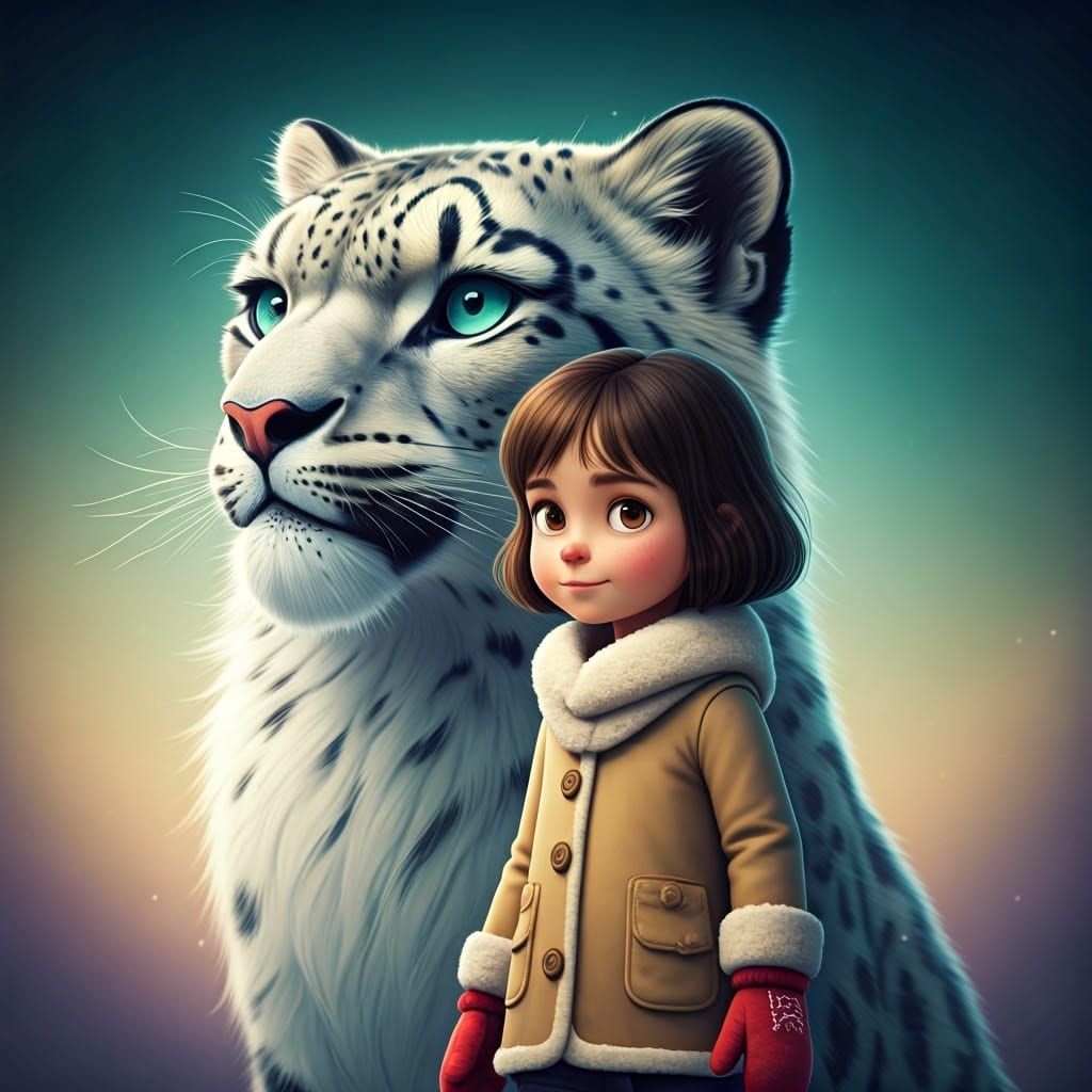 Winter Wondergirl with Majestic Snow Leopard Companion