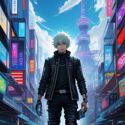 Anime Style Digital Nomad with Cybernetic Accents