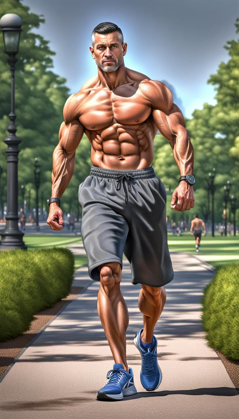 Muscular Man Jogging in Park: Photorealistic HDR Image