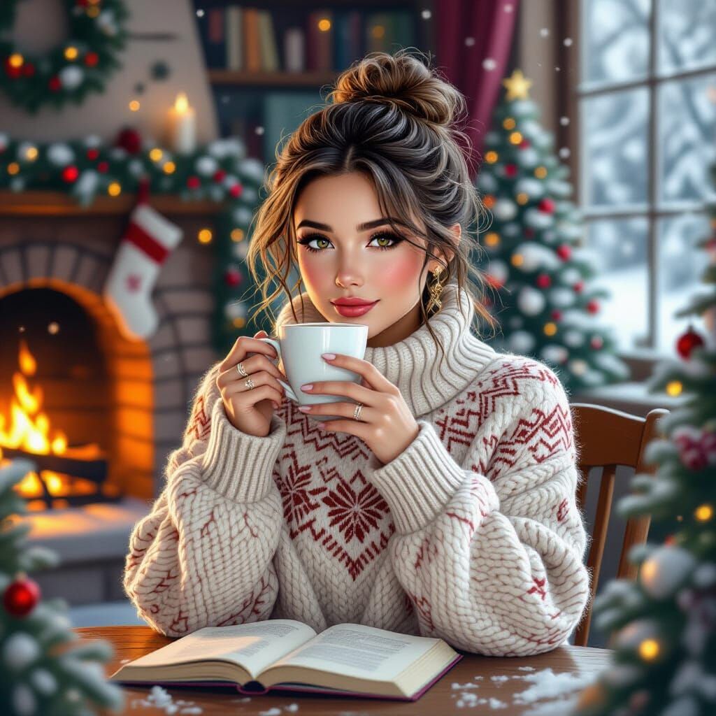 Cozy Christmas: Woman Sipping Coffee in Winter Cafe