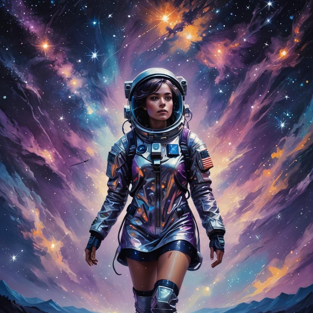 Astronaut Costume in Starry Night Sky, Oil Painting
