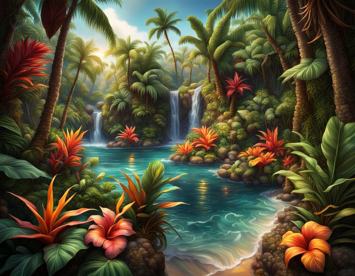 Island Oasis: Hyperrealistic Splash Art Paradise