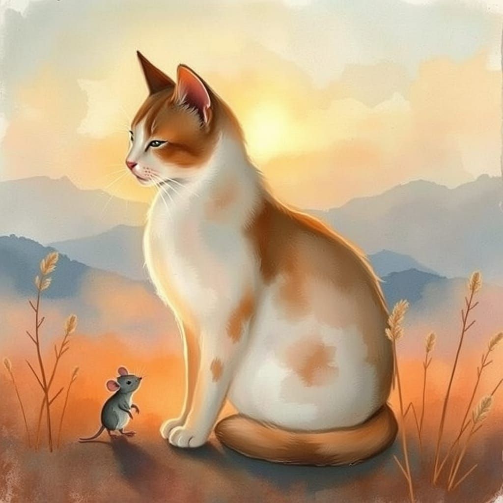 Whimsical Cat in Luminous Sunset Landscape