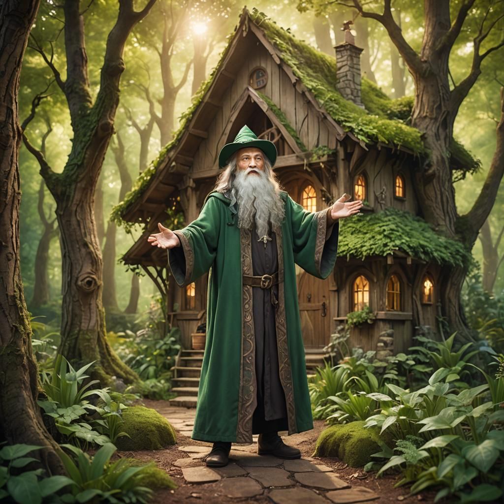 Wizard Conjuring Green Plants in Forest: Fantasy Art