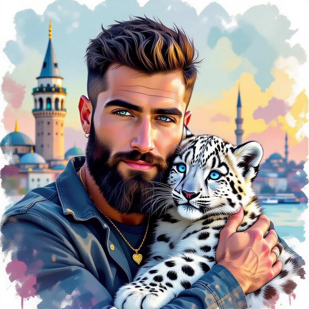 Turkish Man With Baby Snow Leopard and Galata Tower