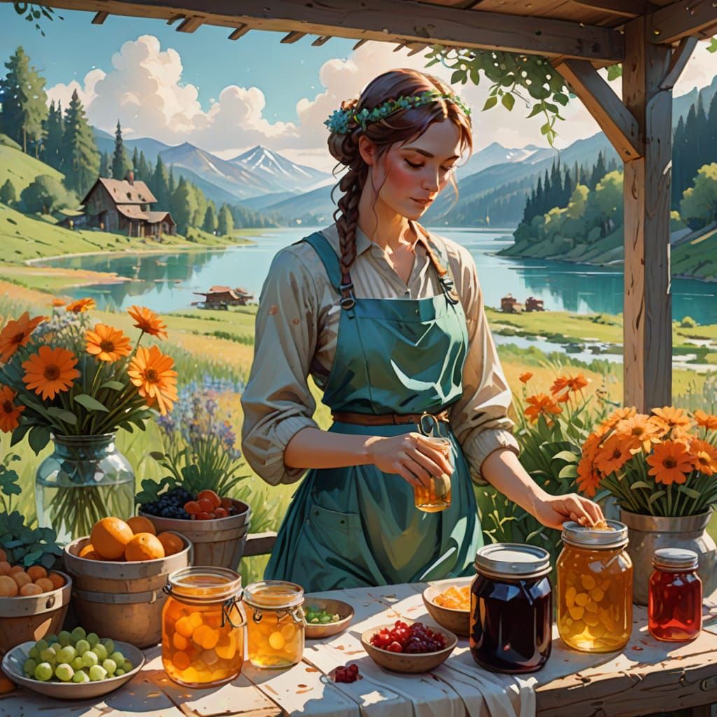 Watercolor Farm Stand by a Tranquil Lake