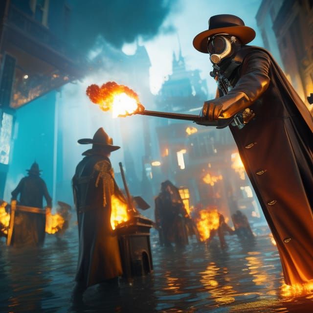 Flooded City Ablaze with Plague Doctor, Detailed Photo
