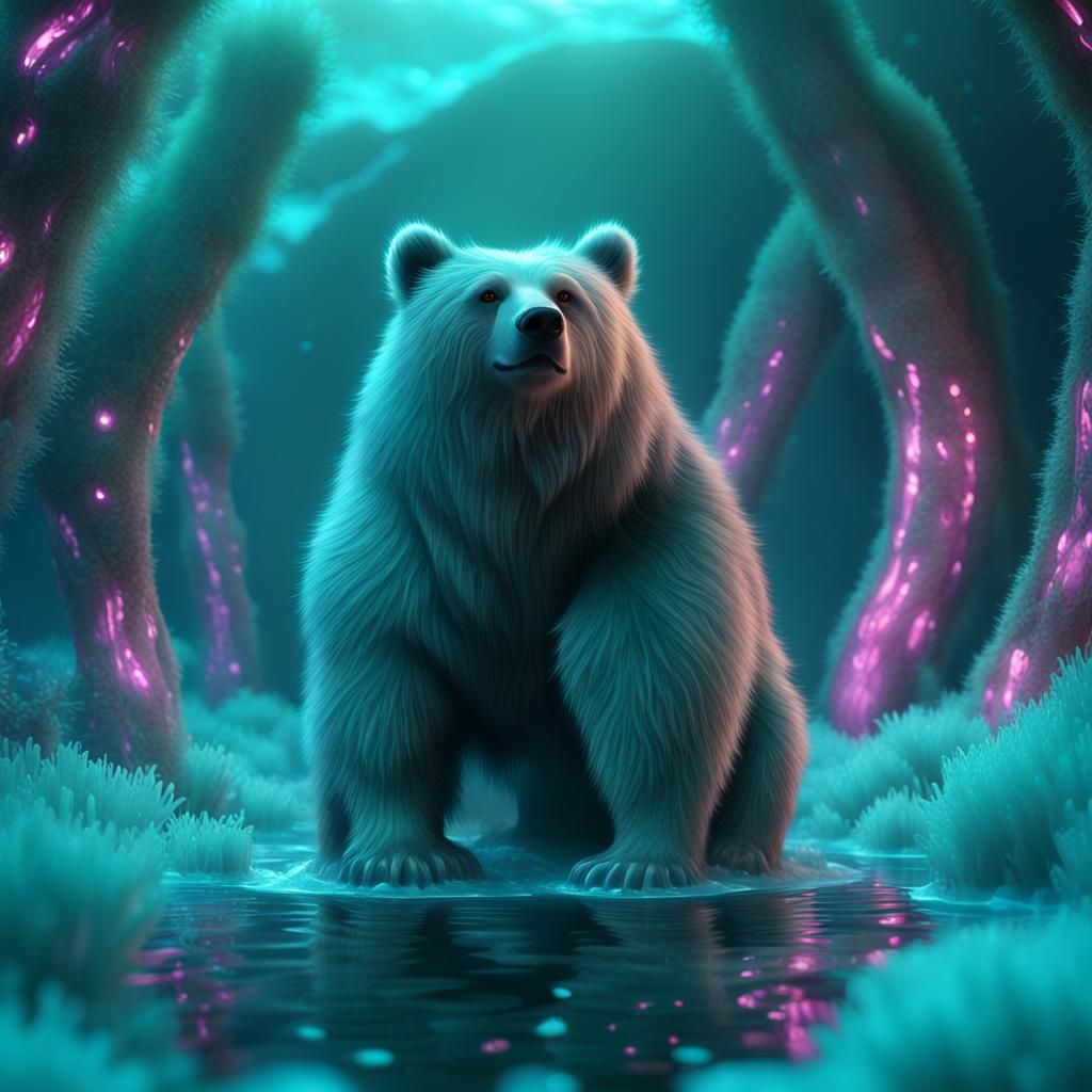 Bioluminescent Fluffy Bear in Glowing Spring, Digital Art