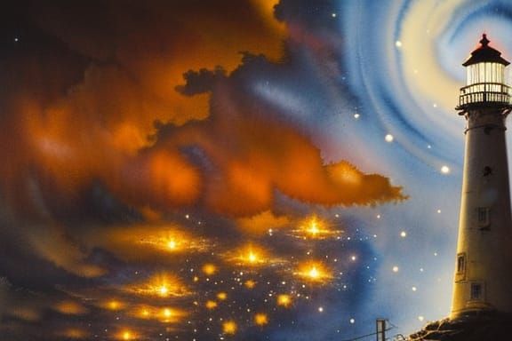 Cosmic Lighthouse Shines in Expressionist Nightscape