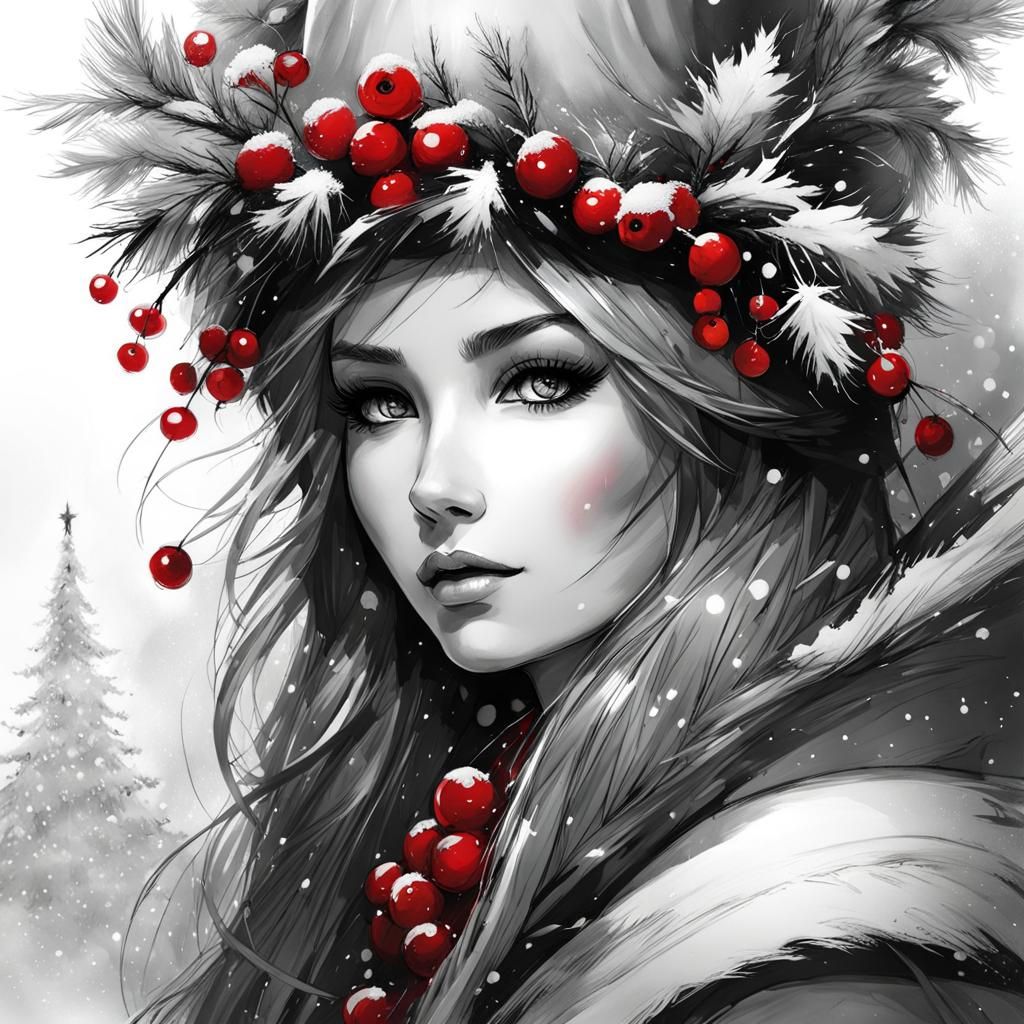 Line art, sketch, Snow Maiden, snowman, winter, berries, garlands, Christmas tree branches, white background, ink painti...