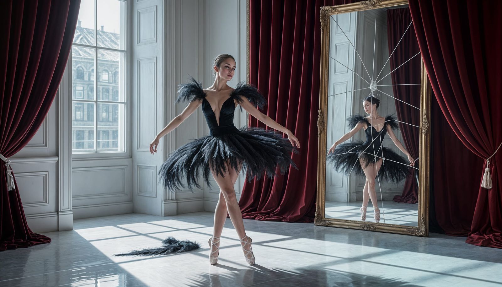 Ballerina in Shadowed Hall with Wine Curtains