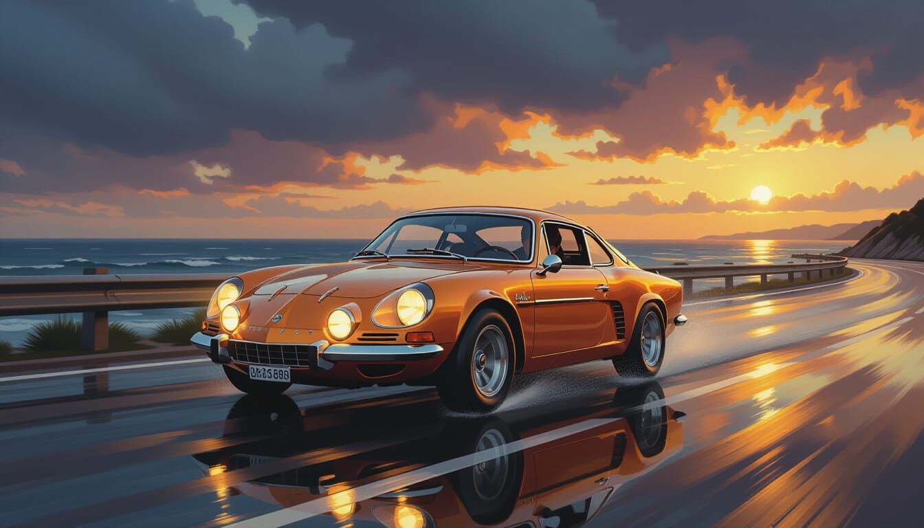 Golden Alpine A110 Speeds Down Coastal Road