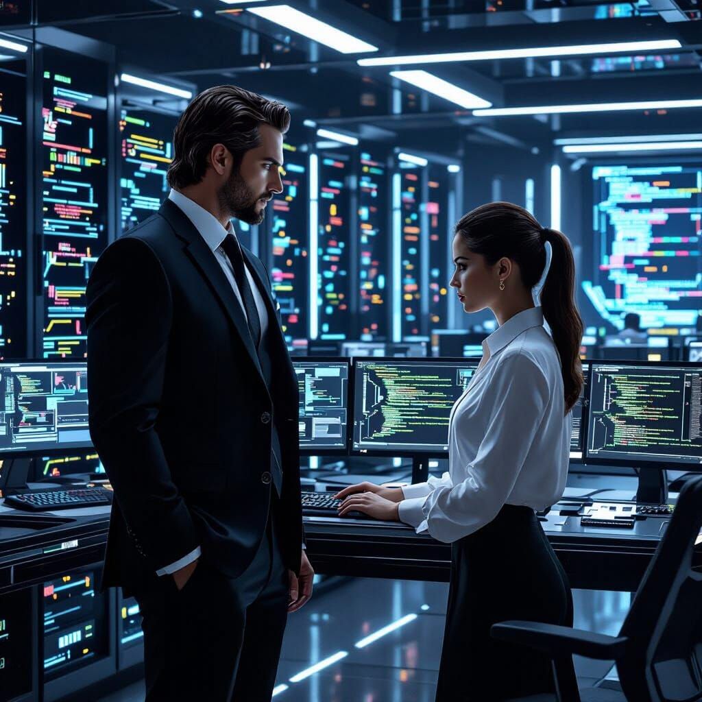 Ares and Athena in Cyberpunk Fantasy Office