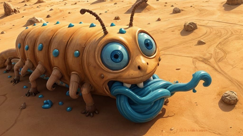 Giant Caterpillar on Desert Planet in Sci-Fi Cartoon Style