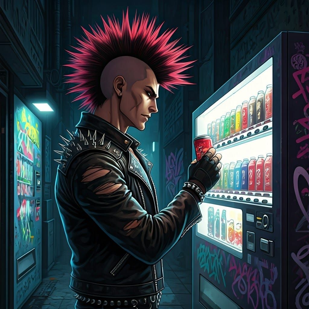 Anime Punk Purchases Drink in Urban Alleyway