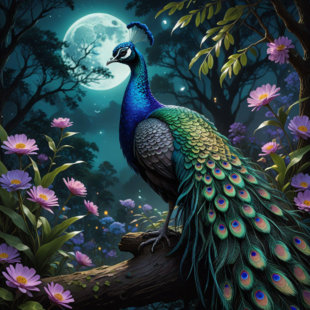 Vibrant Peacock in Ethereal Moonlit Garden