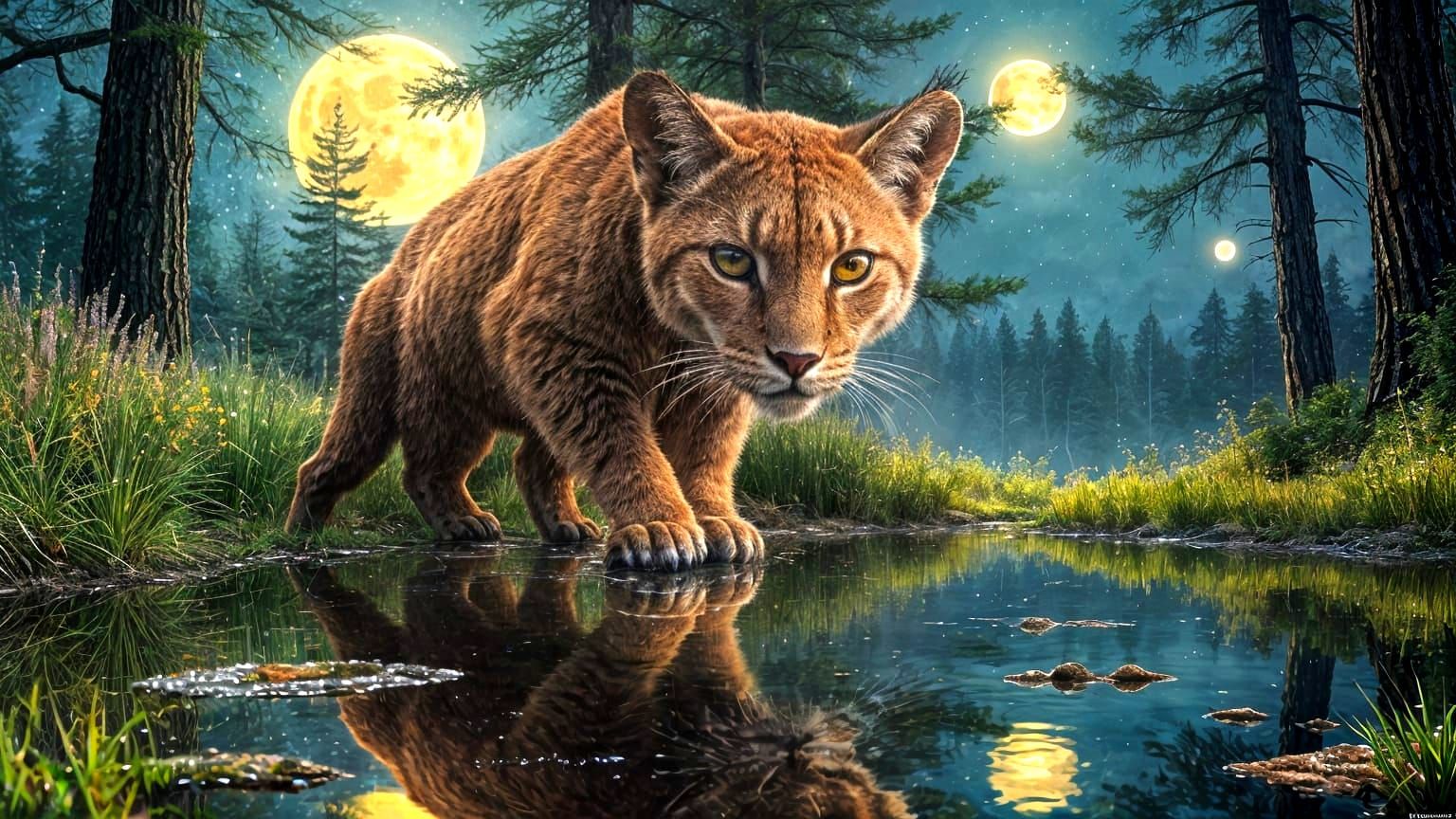 Tawny Puma Drinking in Lush Forest: Hyperrealistic Art