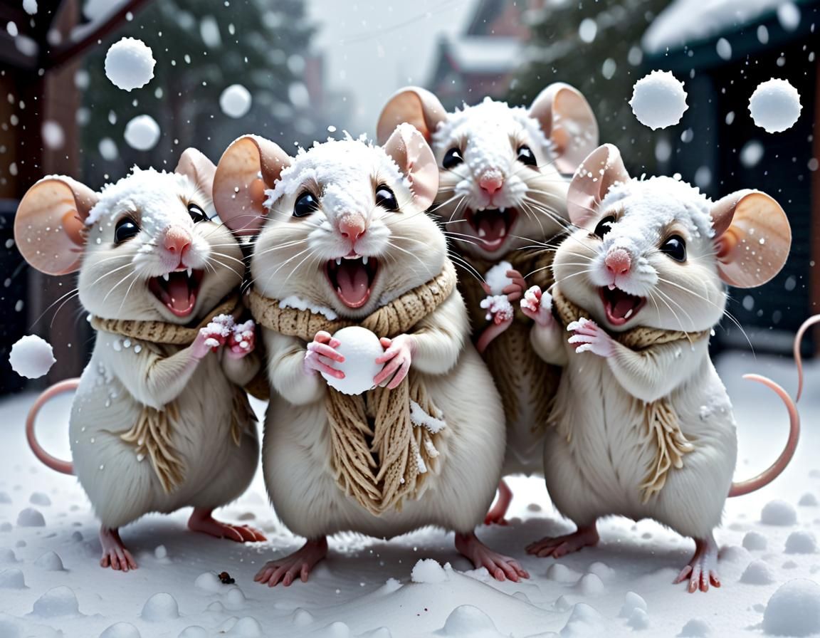 Happy Mice in Snowball Fight