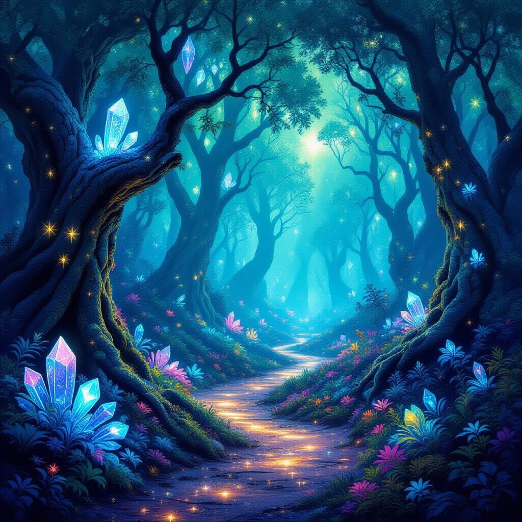 Otherworldly Bioluminescent Forest with Crystalline Creature...