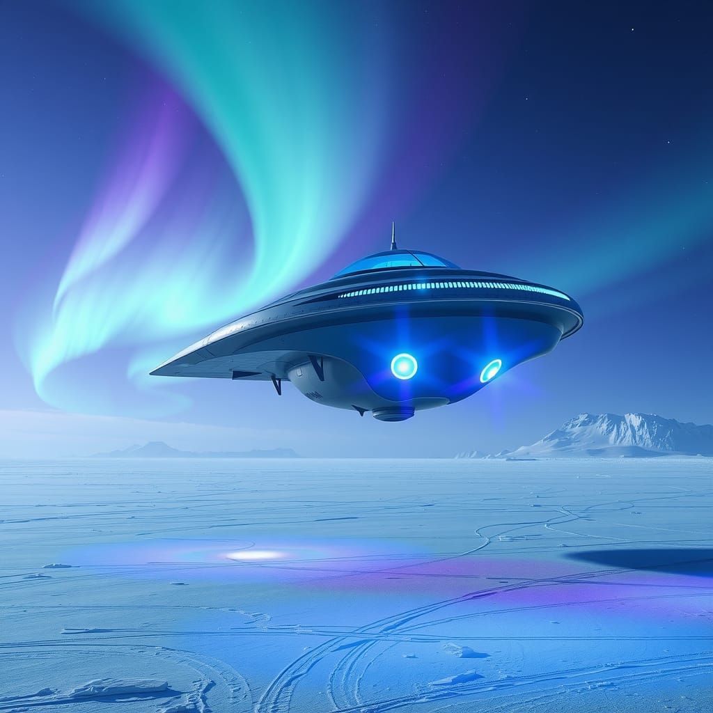 Futuristic Saucer Over Antarctica in Syd Mead Style
