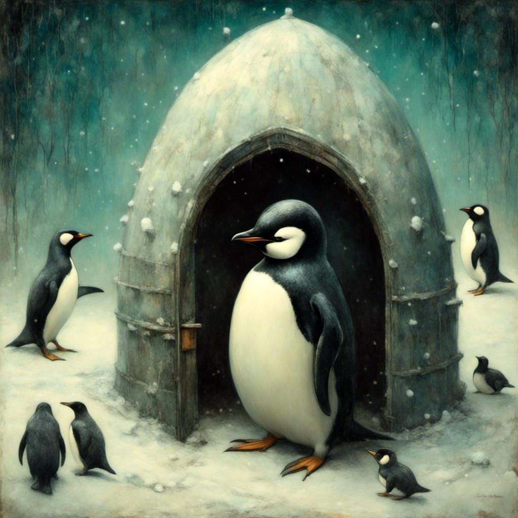 Goth Punk Penguins in Gothic Igloo, Art Brut Style