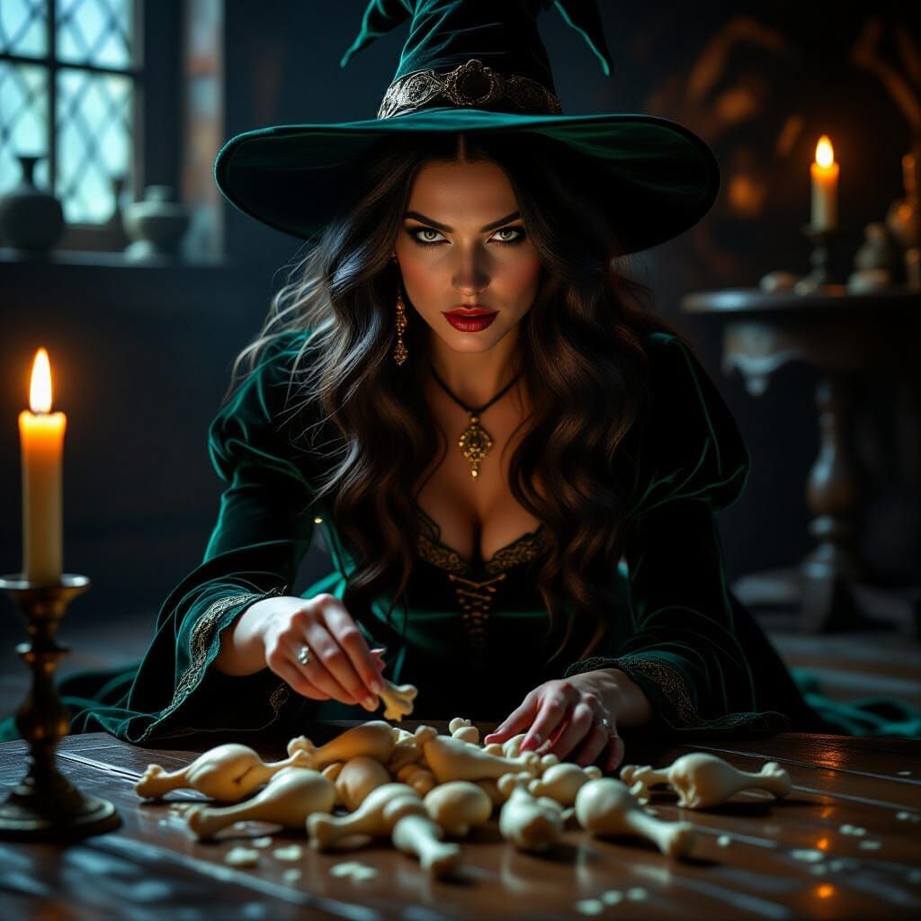 Beautiful Witch Divines Future with Chicken Bones