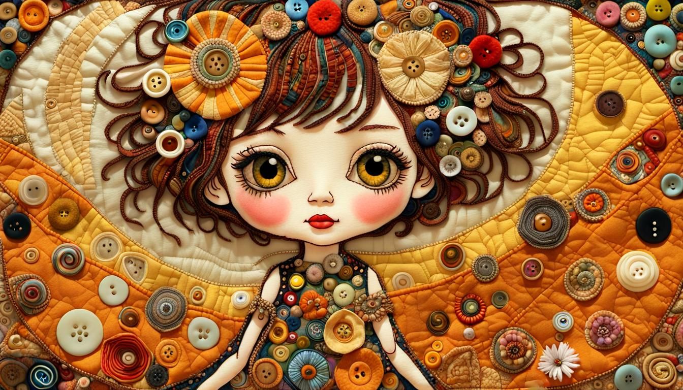 Klimt-Inspired Chibi Moppet Mixed Media Quilt